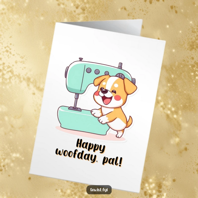Funny Free Printable Birthday Card: Dog Excitedly Pushing a Sewing Machine Pedal, Birthday Wishes, Downloadable Art.