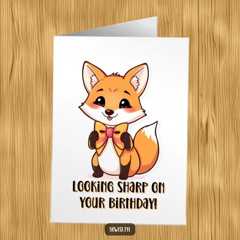 Funny Free Printable Birthday Card: Charming fox happily adjusting its vibrant bow tie with a stylish flourish.