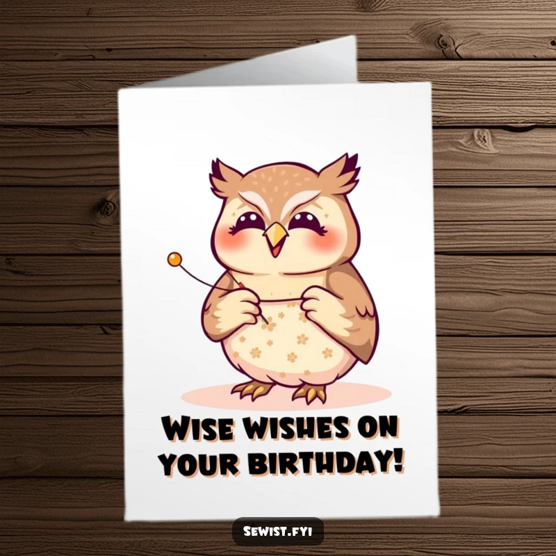 Funny Free Printable Birthday Card: Joyful owl pinning a pattern with focus, ideal for a crafty birthday gift.