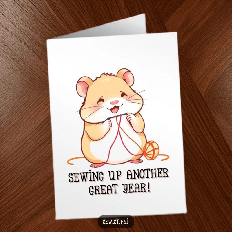 Funny Free Printable Hamster Birthday Card: A smiling hamster meticulously threads a colorful string, bringing crafty joy.