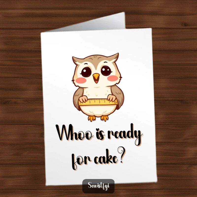 Funny Free Printable Owl Birthday Card: A delighted owl precisely measures cloth, symbolizing careful planning for a great birthday.