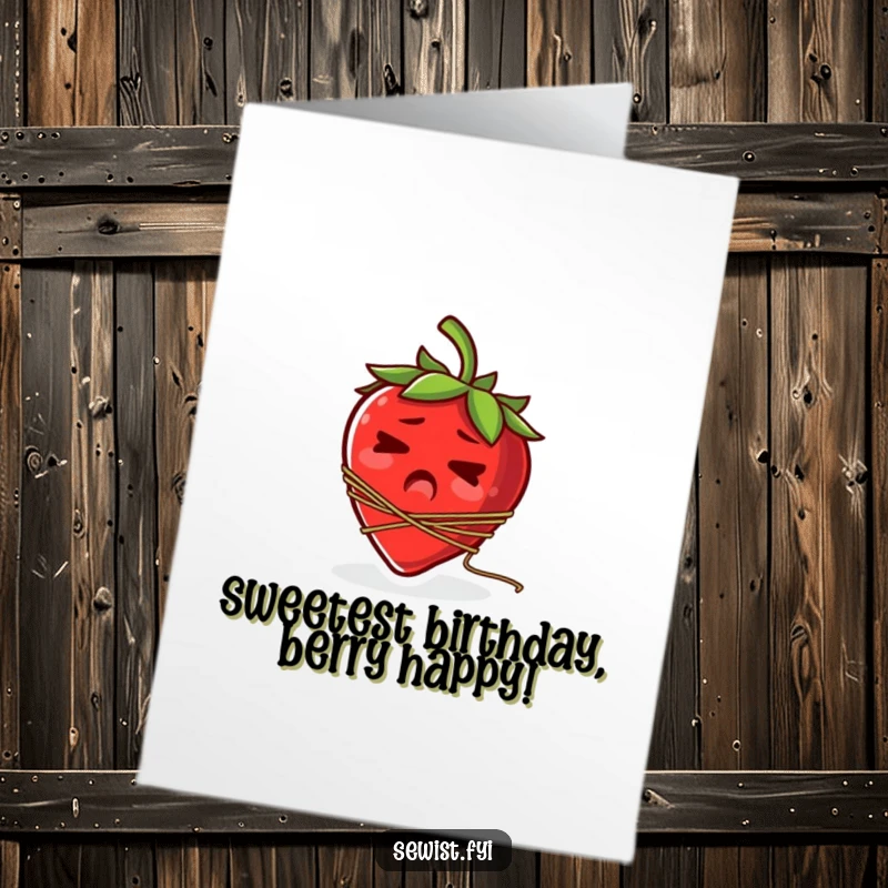 Funny Free Printable Birthday Card: A startled strawberry has a spool of thread tangled around its stem.