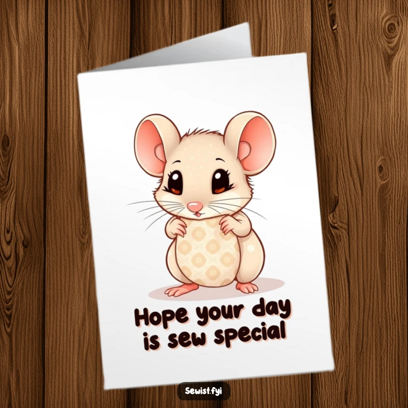 Funny Free Printable Birthday Card: Curious mouse examining fabric swatch with wide eyes, a sweet and unique gift.