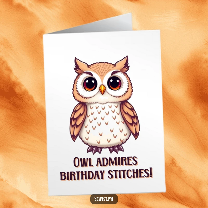 Funny Free Printable Birthday Card: Cute owl looking closely at a delicate embroidered detail, appreciating fine craftsmanship.
