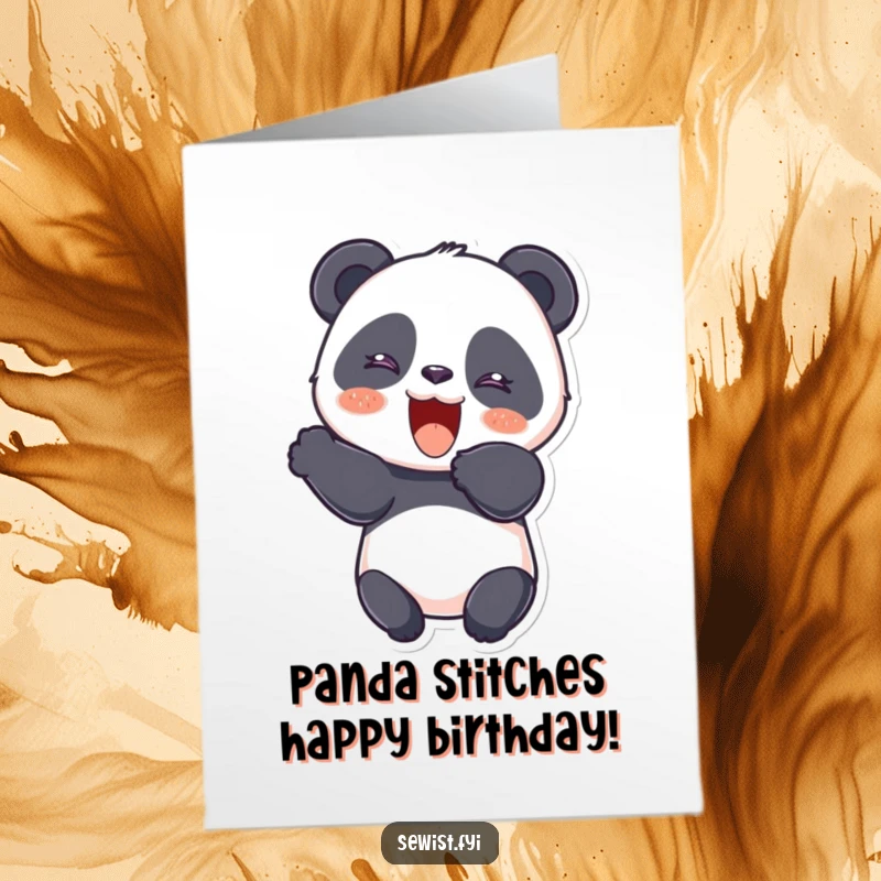 Funny Free Printable Birthday Card: Giggling panda cheerfully cutting fabric with scissors, a delightful sewing theme for a gift.