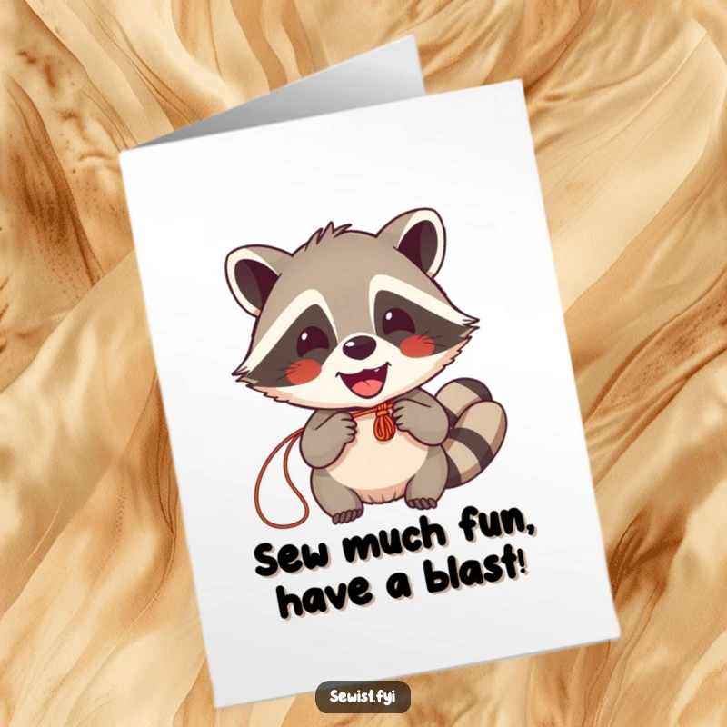 Funny Free Printable Birthday Card: Delighted raccoon joyfully sews fabric, smiling widely, making a DIY gift.