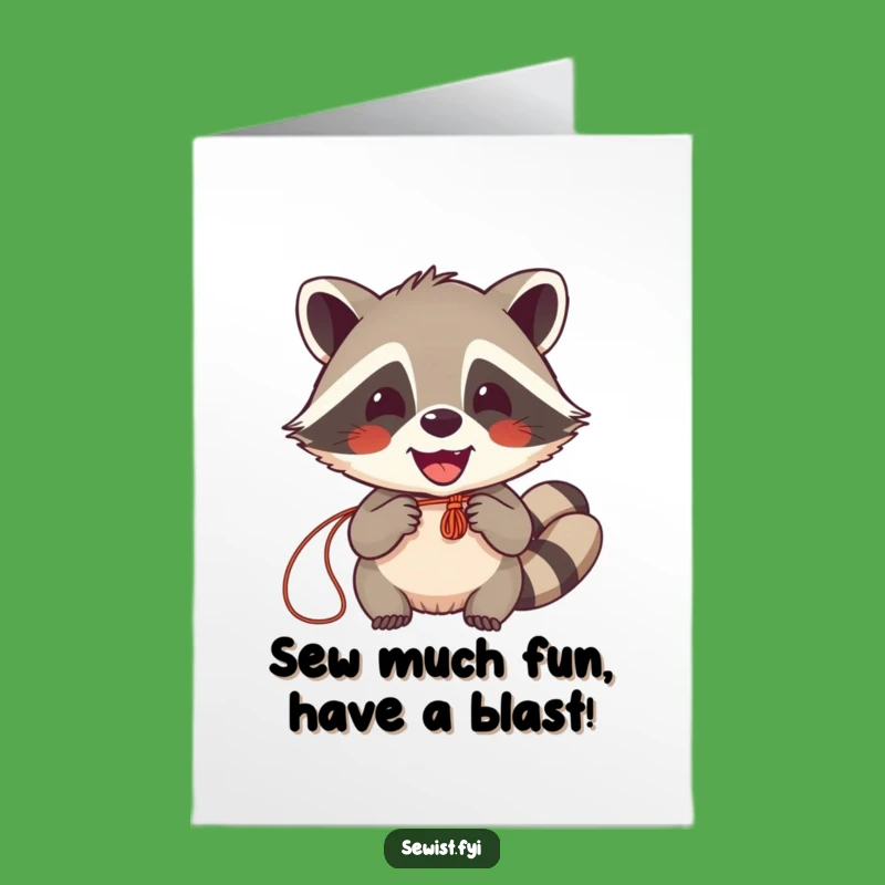 Free Printable Birthday Card: Delighted Raccoon Sewing Fun - Funny Downloadable Gift