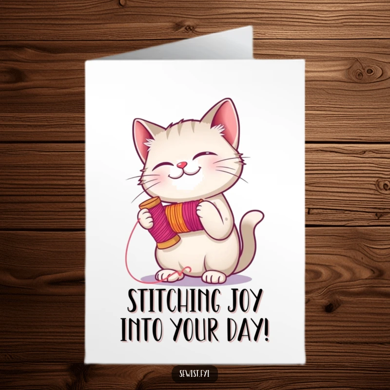 Funny Free Printable Birthday Card: A mischievous cat giggles while holding a spool of bright, colorful thread.