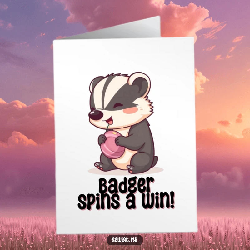 Funny Free Printable Congrats Card: Cheeky badger spinning a bobbin with infectious happy rhythm, celebrating a project completion.