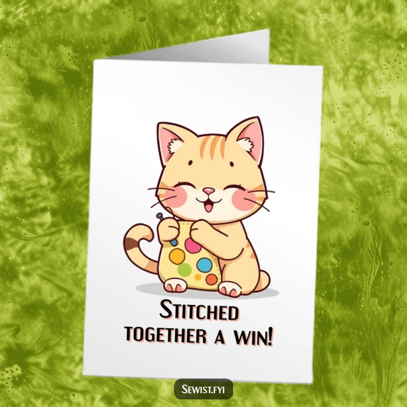 Funny Free Printable Congrats Card: A cheerful cat stitching a colorful patch, symbolizing a successful creation.