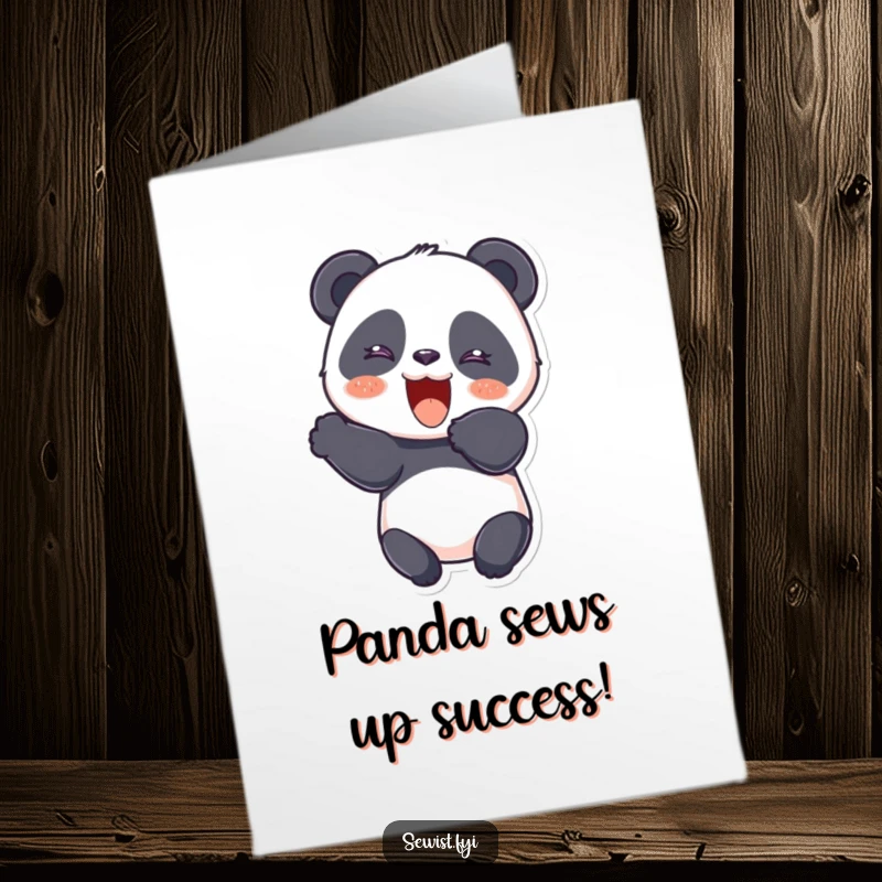 Funny Free Printable Congrats Card: Joyful panda expertly cutting fabric, celebrating a successful project, a downloadable art piece.