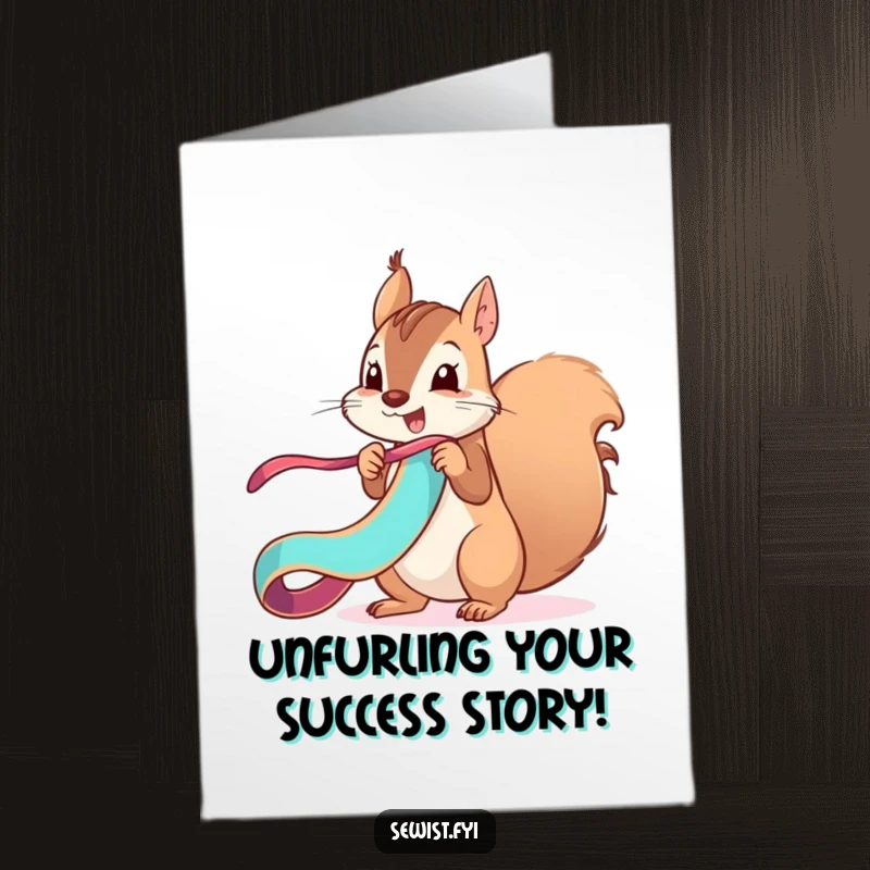 Funny Free Printable Congrats Card: Mischievous squirrel unfurling a vibrant ribbon energetically, celebrating success, a download.