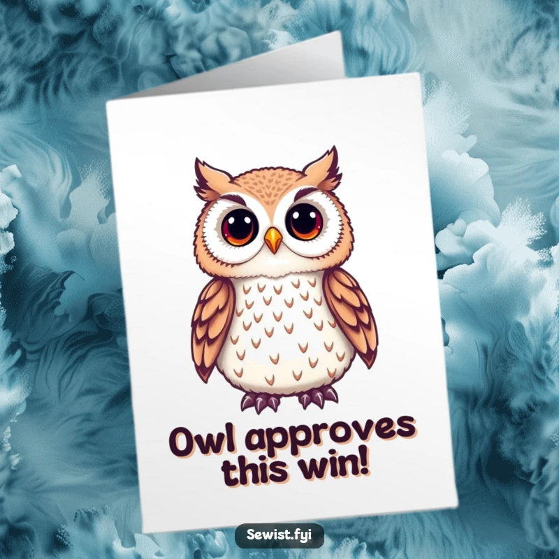 Funny Free Printable Congrats Card: Adorable owl critically examining a fine embroidered detail, appreciating expert work, a downloadable art piece.