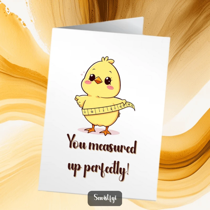 Funny Free Printable Congratulations Card: A curious chick uses a tape measure to gauge achievement with a smile.