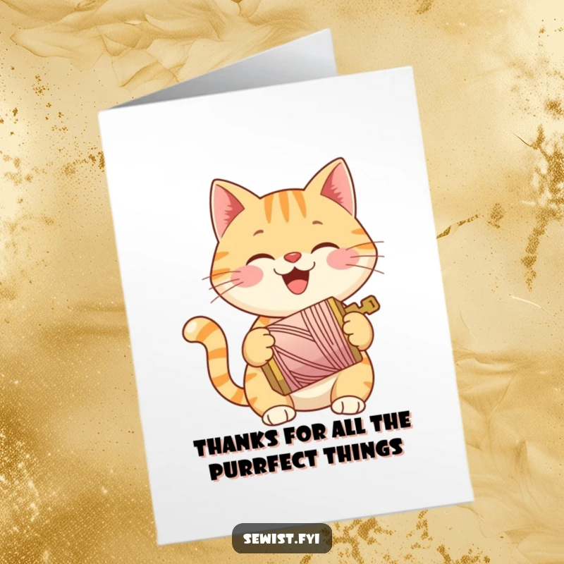 Funny Free Printable Thank You Card: Happy Cat Holding a Bright Spool of Thread, Expressing Gratitude, Downloadable Art.