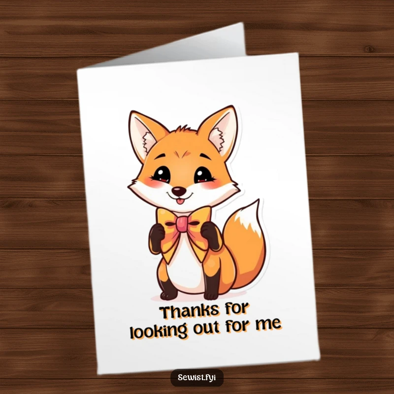 Funny Free Printable Thank You Card: A charming fox with a flourish, adjusting its vibrant bow tie.