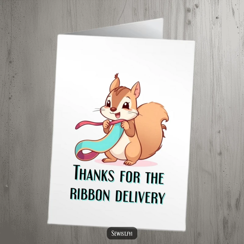 Funny Free Printable Thank You Card: Mischievous squirrel unfurling a vibrant ribbon with a flourish, a humorous thank you.