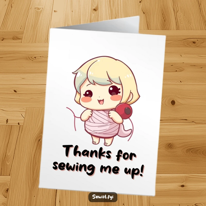 Funny Free Printable Thank You Card: Upbeat character busy winding a bobbin, showing thanks with a cheerful spirit.