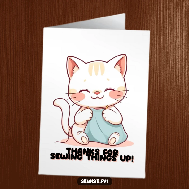 Funny Free Printable Thank You Card: A cheerful cat carefully sewing fabric with a contented smile, expressing gratitude.