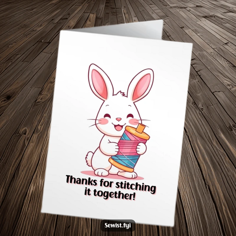 Funny Free Printable Thank You Card: A cheerful rabbit holding a brightly colored spool of thread, offering thanks.
