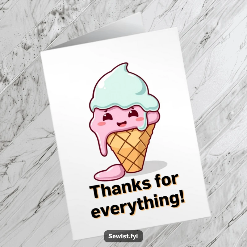 Funny Free Printable Thank You Card: A melting ice cream cone comically struggles to sew a straight line, looking distressed.