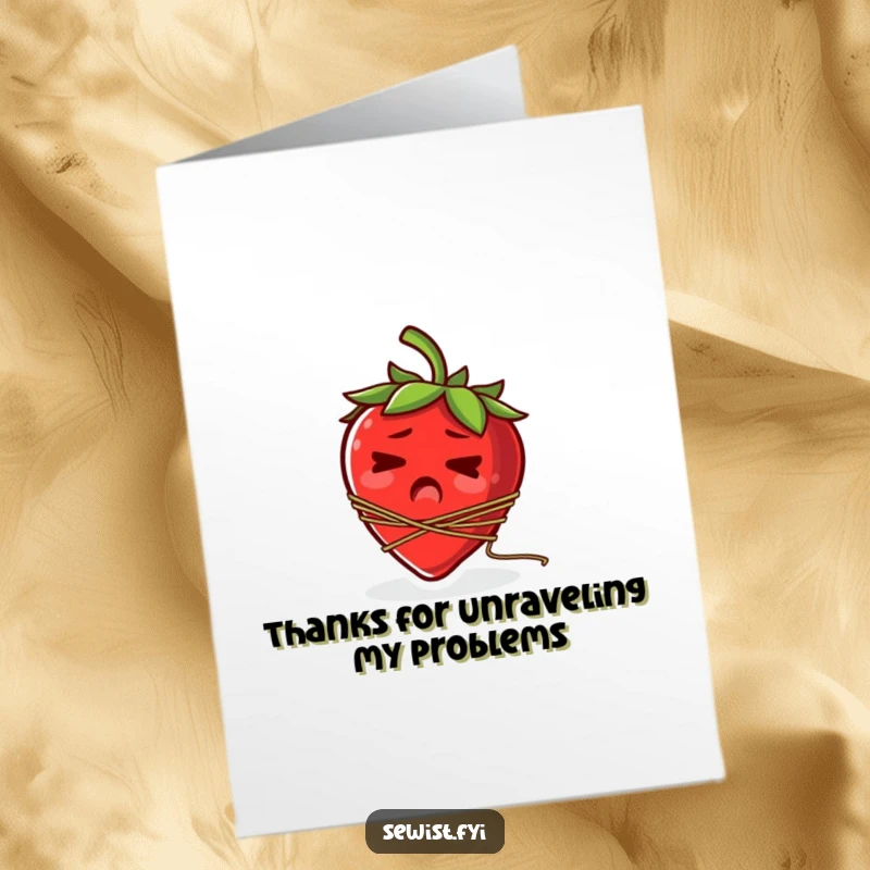 Funny Free Printable Thank You Card: A startled strawberry has thread tangled around its stem.