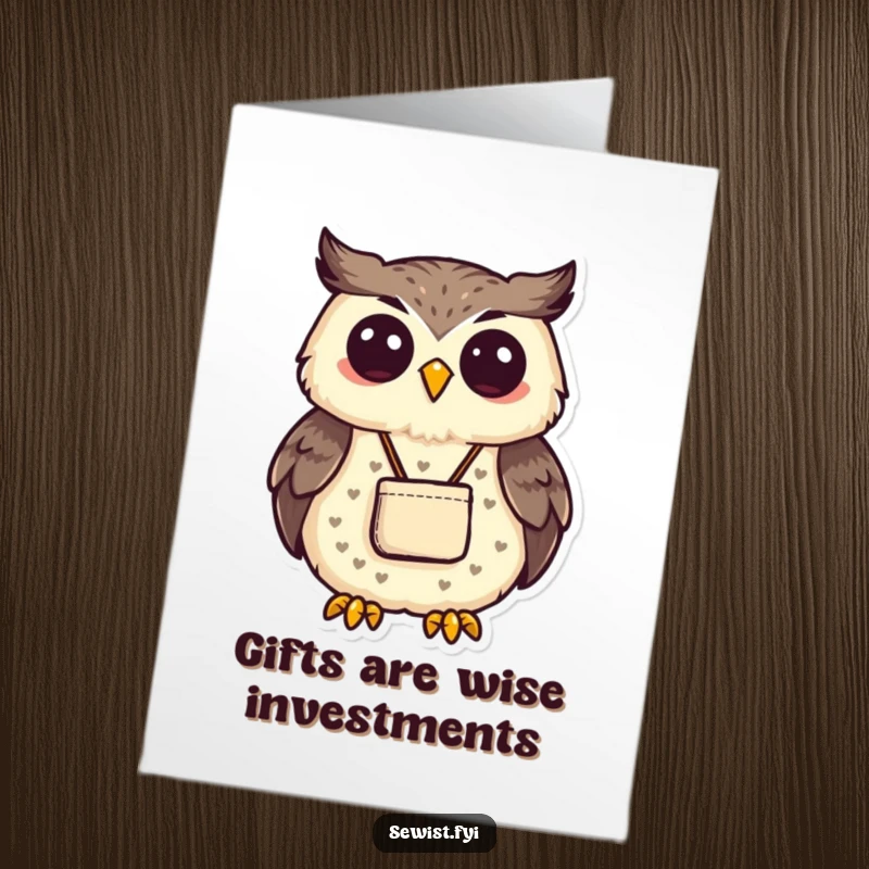 Funny Free Printable Thank You Card with a proud owl displaying a neatly sewn pouch, a charming downloadable gift.