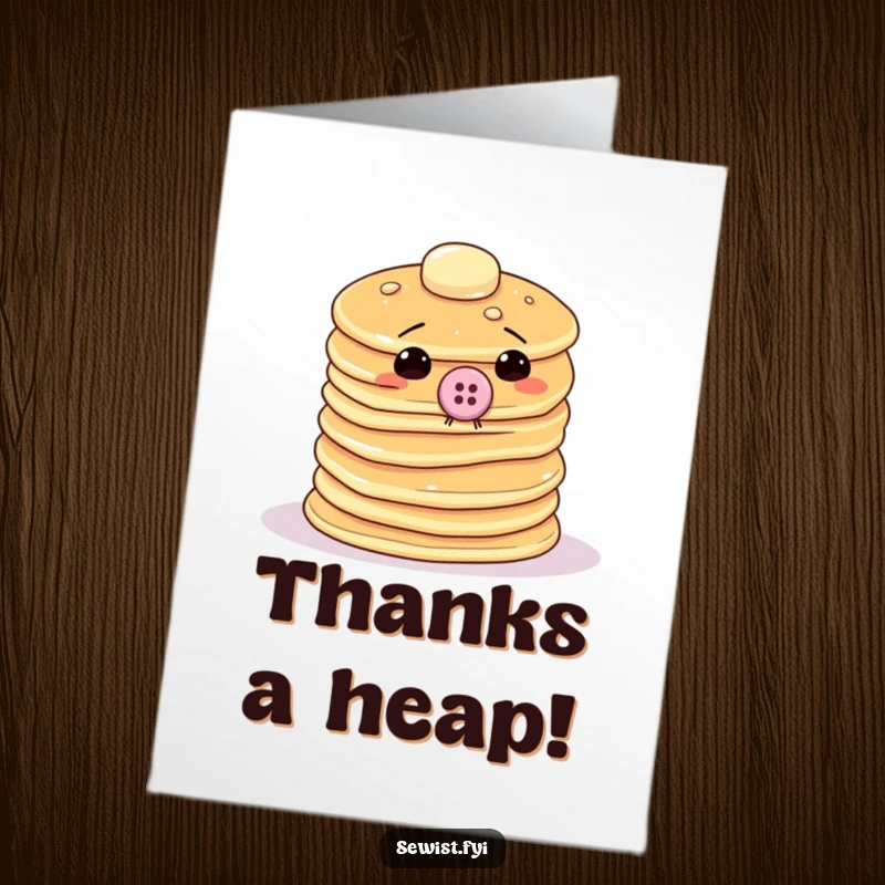 Funny Free Printable Thank You Card: Wobbly pancake sewing its own button, a quirky DIY thank you gift, print at home.