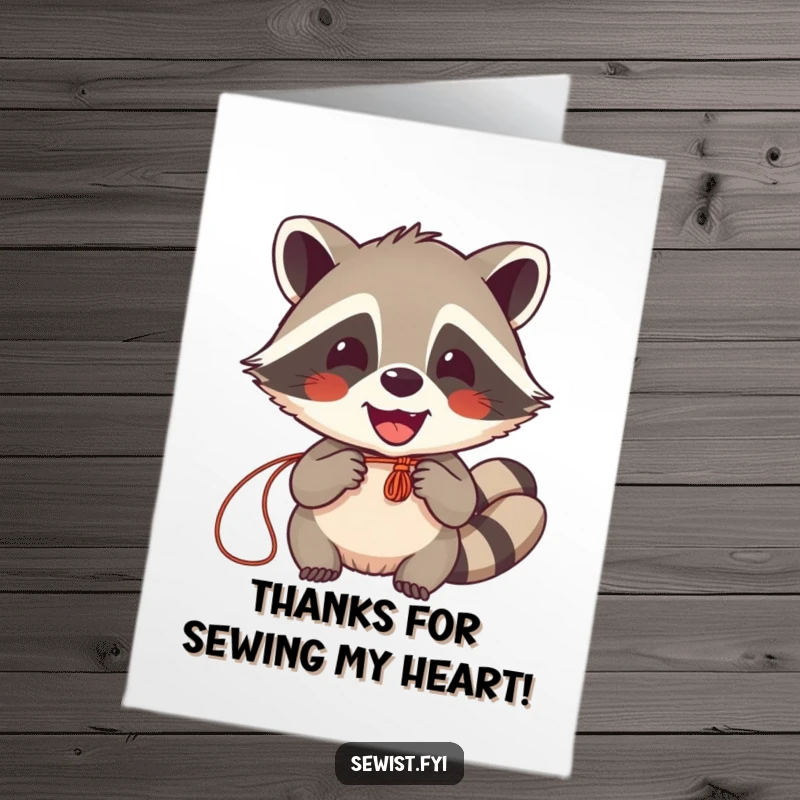 Funny Free Printable Thank You Card: Delighted raccoon happily sews, expressing gratitude with a DIY gift.