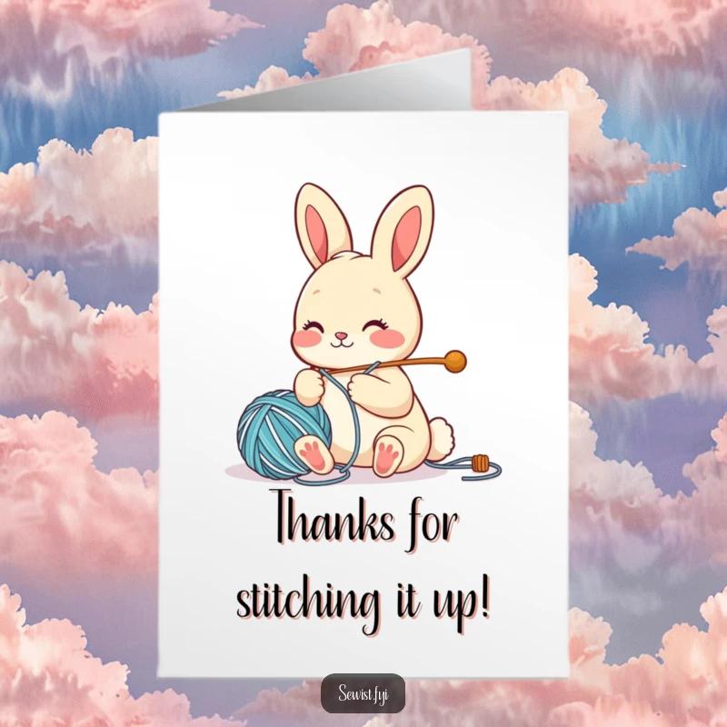 Funny Free Printable Thank You Card: A charming bunny character is diligently threading a large needle with colorful yarn.