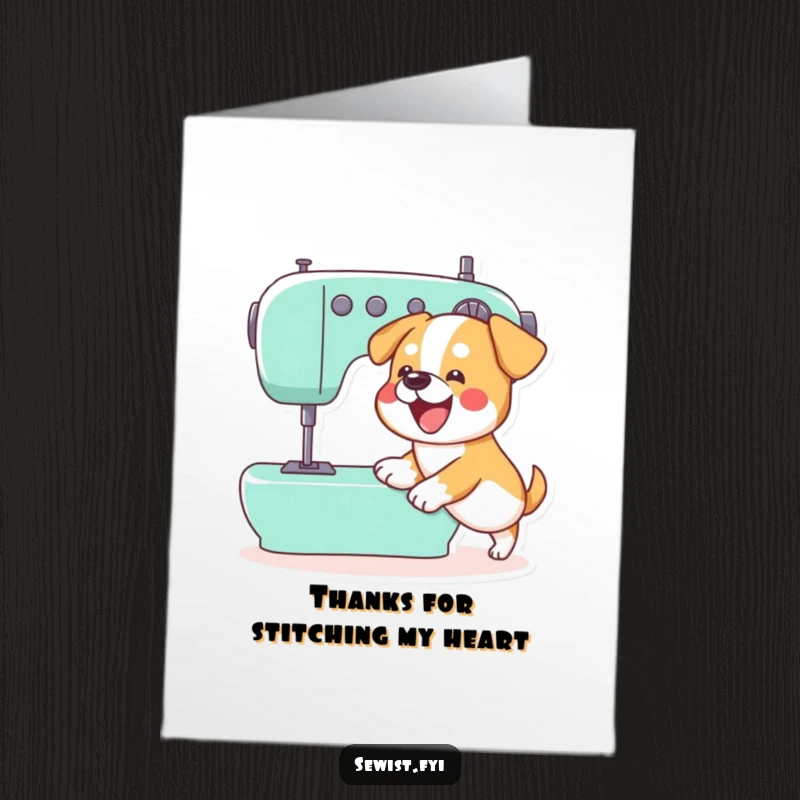 Funny Free Printable Thank You Card: Dog Excitedly Pushing a Sewing Machine Pedal, Expressing Gratitude, Downloadable Art.