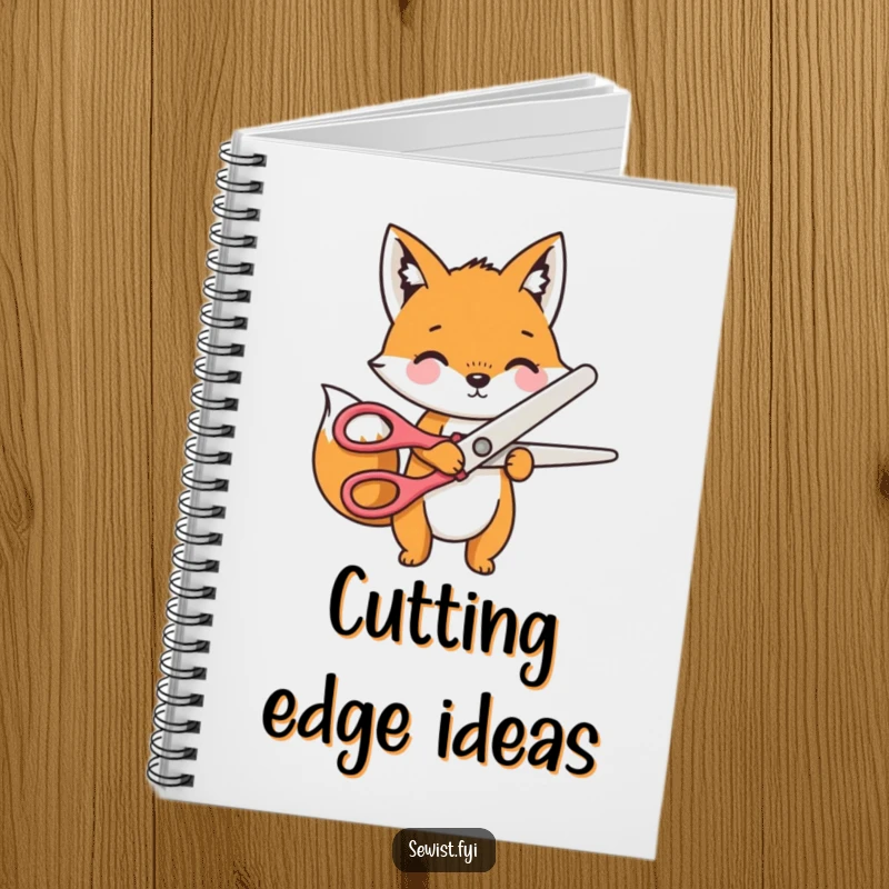 Funny Notebook with a playful fox character using large novelty scissors to cut fabric, ideal for design sketches.
