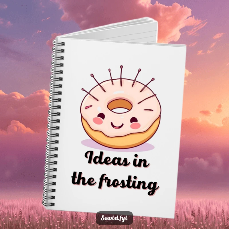 Funny notebook with a cheerful donut adorned with sewing needles, perfect for journaling sewing projects or jotting down sweet ideas.