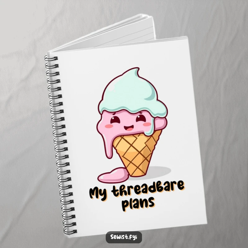 Funny notebook with a melting ice cream cone hilariously failing to sew, perfect for journaling sewing projects or creative brainstorming.
