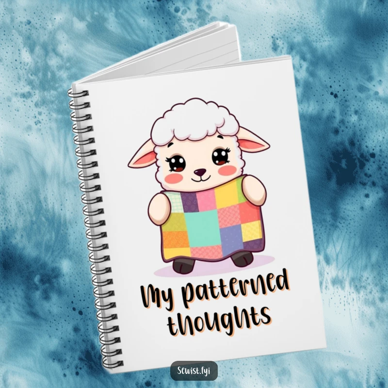Funny sheep with wide eyes, admiring a colorful patchwork quilt, a notebook designed for quilters and lovers of handmade humor.