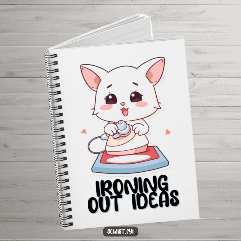 Funny notebook cover with a character enthusiastically ironing a flat creation, ideal for capturing project plans.