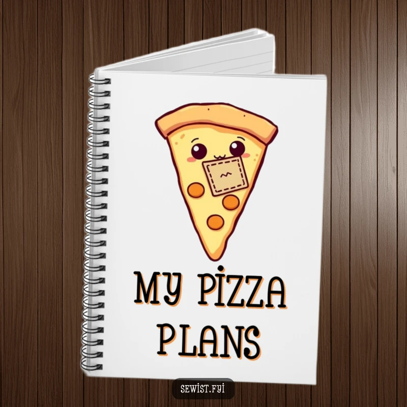 Funny notebook featuring a proud pizza slice heroically showing off a tiny stitched patch, ideal for journaling food or craft adventures.