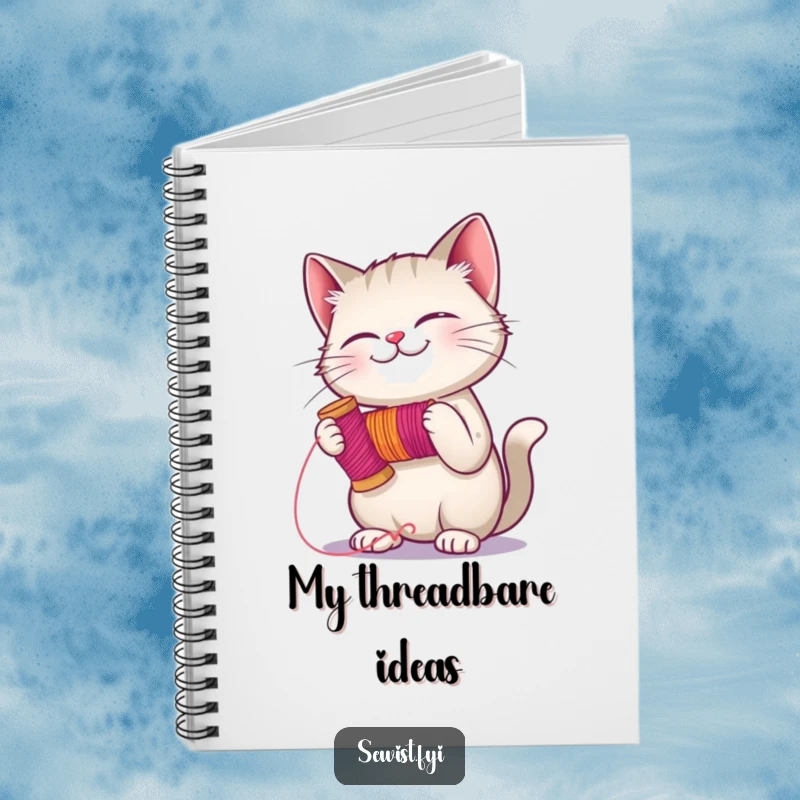 Funny giggling cat holding a spool of thread, ready to stitch, a notebook designed for creative minds and sewing lovers.