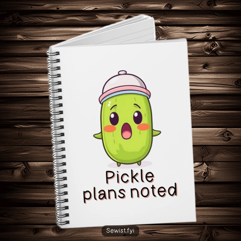 Funny pickle thimble notebook with a surprised pickle wearing a thimble, ideal for notes and ideas.