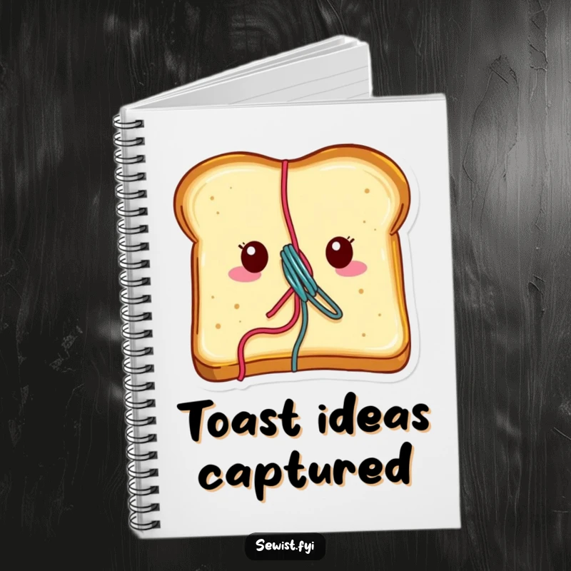 Funny toast notebook showing a cheerful piece of toast with vibrant thread emerging, ideal for writing and planning.