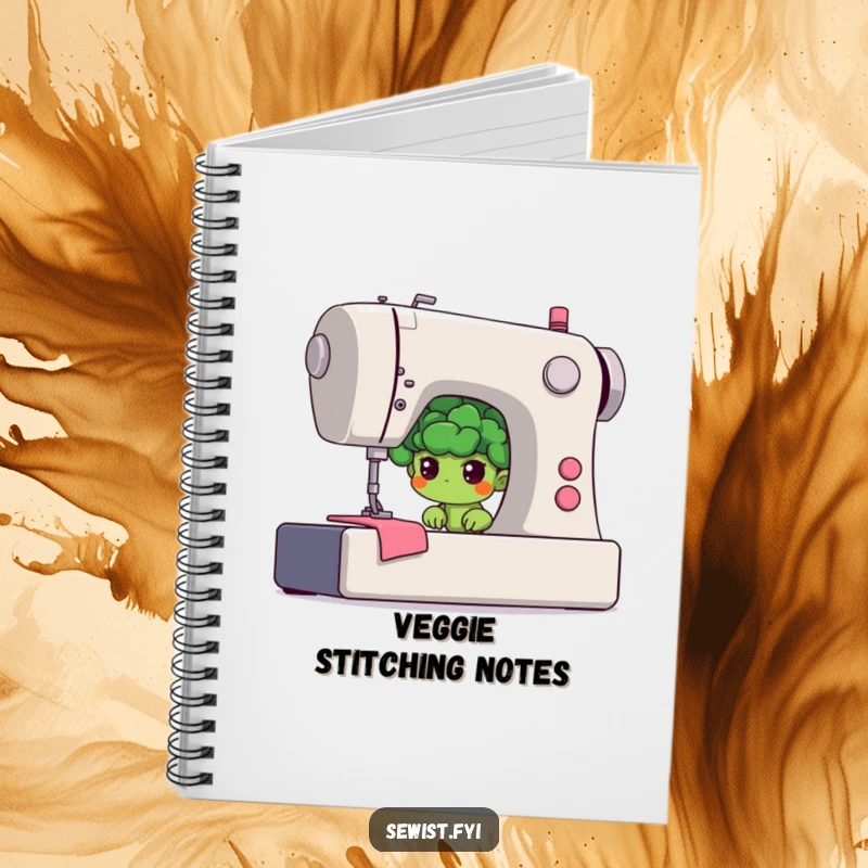 Funny broccoli notebook showing a shy floret hiding behind a giant sewing machine, ideal for writing and planning.