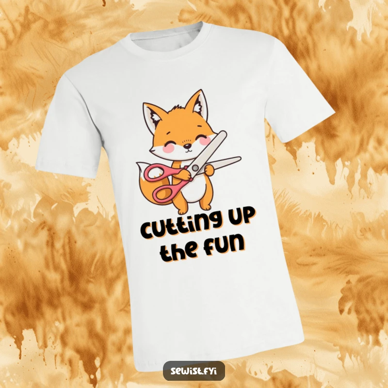 Funny T-Shirt featuring a playful fox character mid-cut with oversized novelty scissors on a piece of fabric.