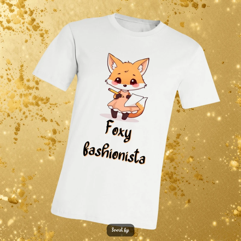 Funny fox t-shirt showing a playful fox sketching a dress design on paper with a pencil.