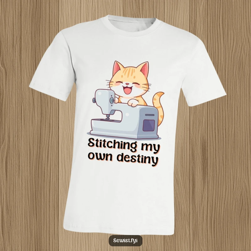 Funny t-shirt with a playful cat operating a sewing machine, ideal for crafters and cat lovers as a humorous present.