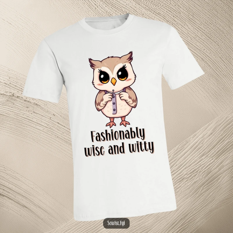 Funny t-shirt: A contented owl uses a needle to adjust a dress form, representing the art of precise garment creation.