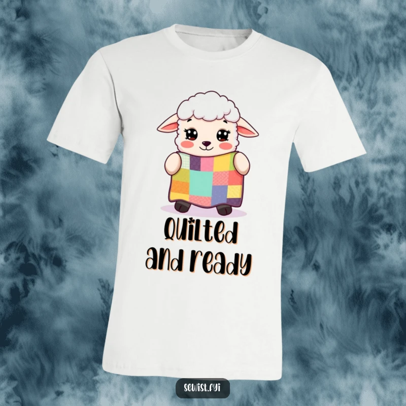 Funny sheep's amazed expression while gazing at a vibrant patchwork quilt, a humorous and cozy t-shirt for quilters.