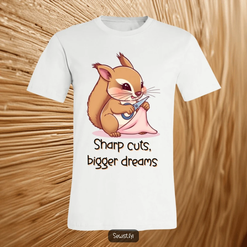Funny squirrel tailor t-shirt, a determined critter expertly snipping fabric with tiny scissors, perfect for sewing enthusiasts and funny gift seekers.