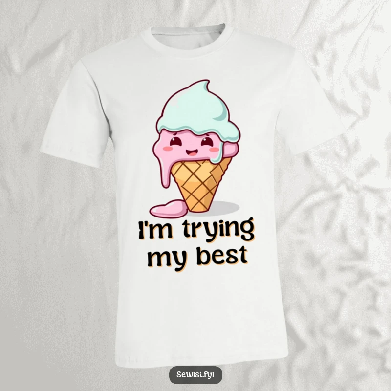 Funny t-shirt featuring a melting ice cream cone with a needle and thread, struggling to sew a straight stitch, funny crafter gift.