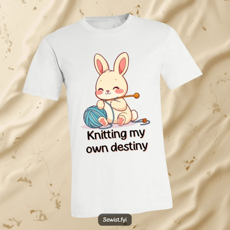 Funny T-Shirt with a cute bunny character happily threading a large needle with yarn, showcasing a passion for crafting.