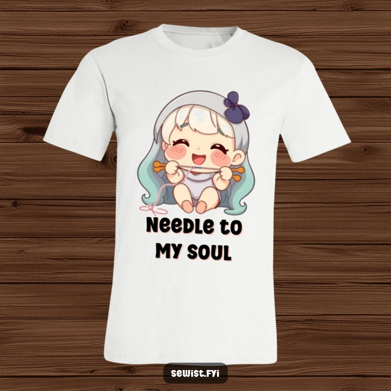 Funny threading needle t-shirt, happy character smiling while joyfully threading a needle.